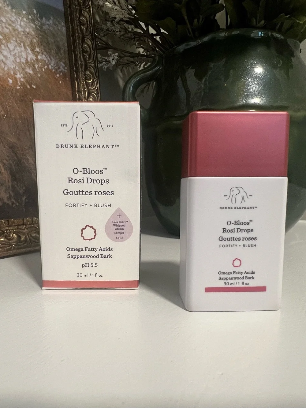 Drunk Elephant O-Bloos Rosi Drops Serum — Pink and White Bottle